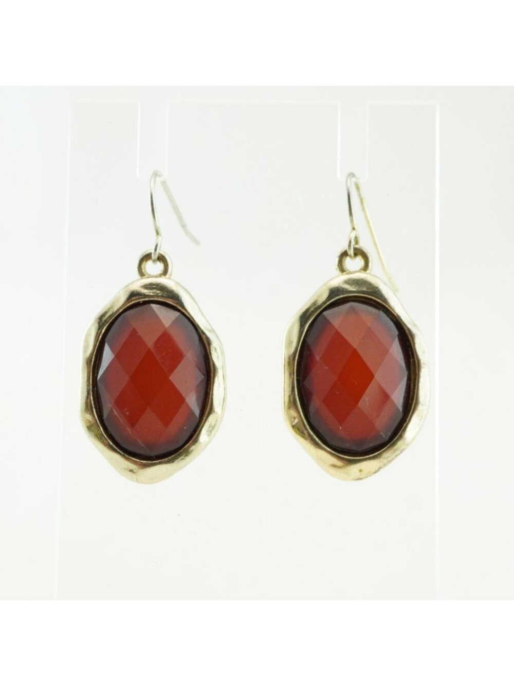 Vintage Gold Tone Red Faceted Drop Earrings Oval Dangle Jewelry